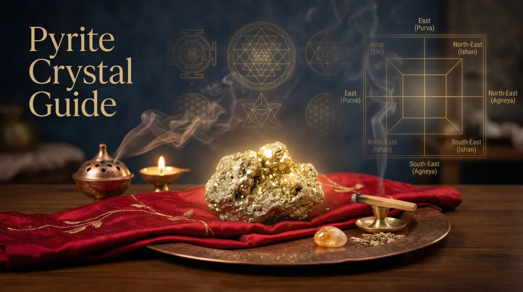 Pyrite crystal for wealth attraction placed on red cloth with copper plate vastu setup