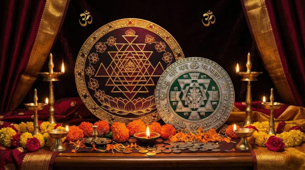Premium gold Sri Yantra and silver Kuber Yantra with marigold flowers and a diya