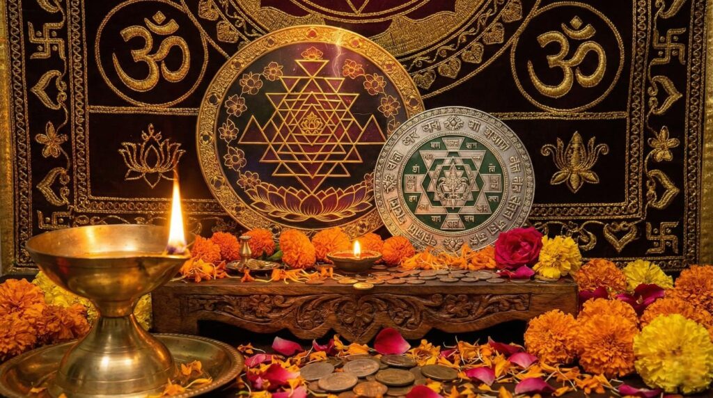Premium gold Sri Yantra and silver Kuber Yantra with marigold flowers and a diya