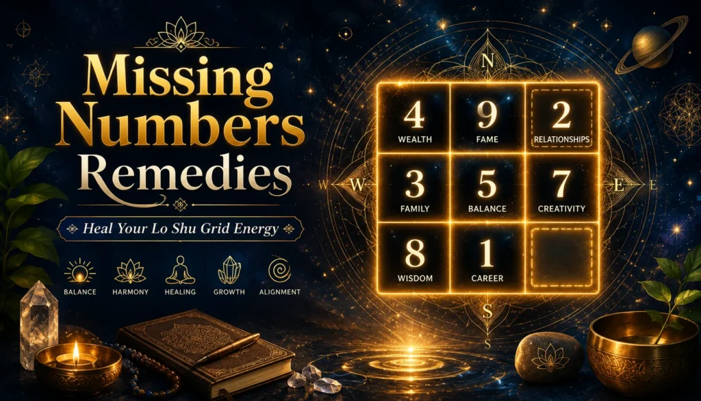 Missing Numbers Numerology Remedies Lo Shu Grid showing golden 3x3 numerology chart with missing energy spaces, sacred geometry patterns, cosmic healing background and practical Lo Shu Grid balancing remedies