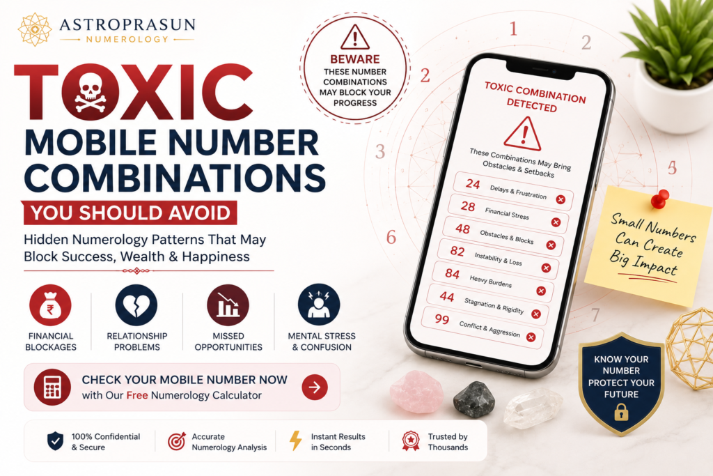 Toxic mobile number combinations numerology guide showing harmful number pairs such as 24, 28, 48, 82 and 84 that may create financial, relationship and opportunity challenges