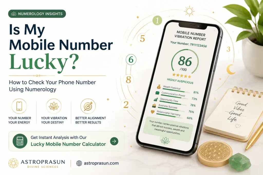Is my mobile number lucky numerology guide showing mobile number vibration analysis, lucky score, wealth potential and communication strength calculator